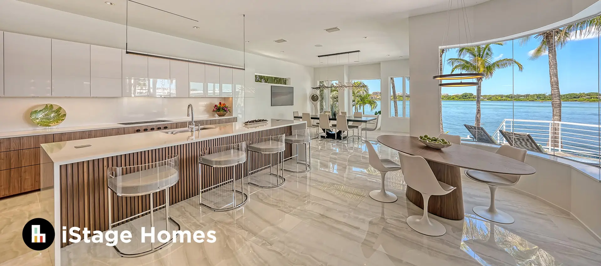 Modern Kitchen with dining area and waterfront view