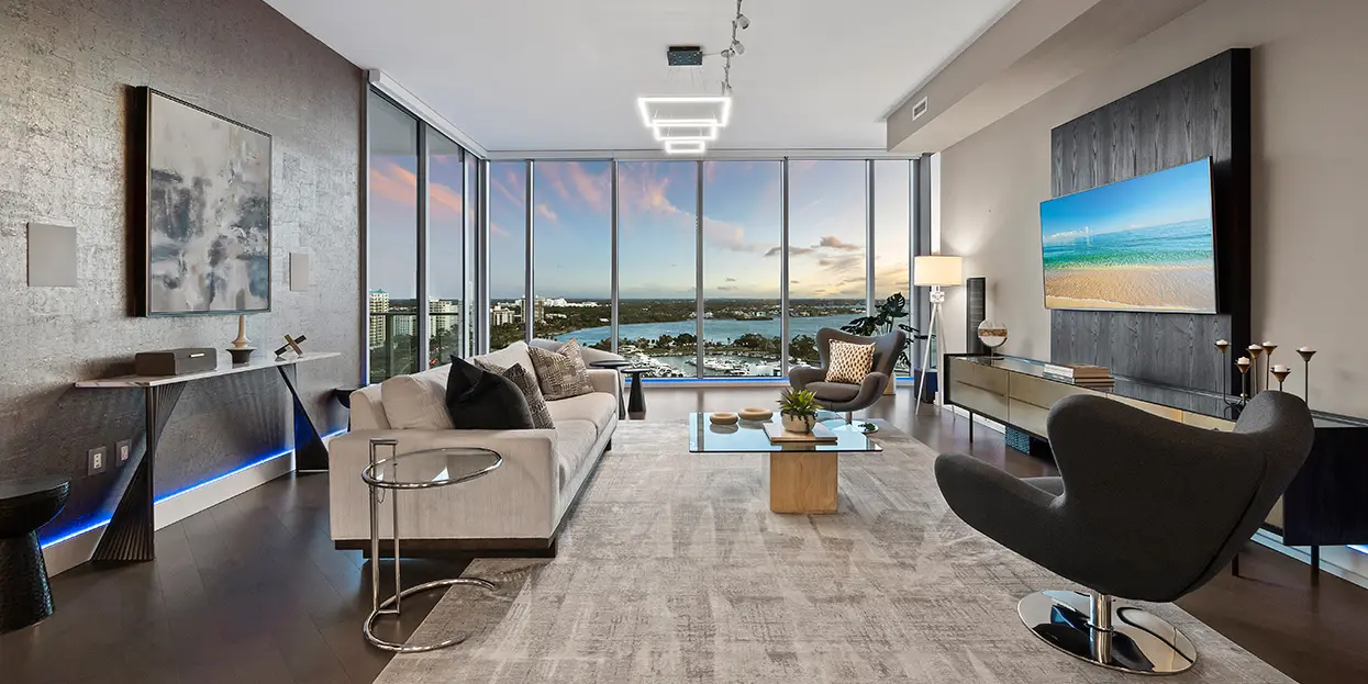 Luxury condo staging at The VUE Downtown Sarasota with modern furnishings and panoramic bay views