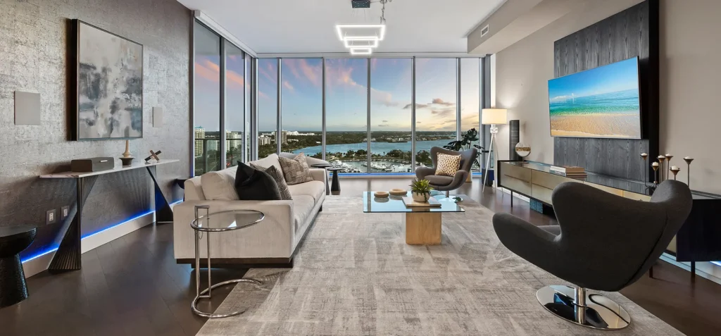 Luxury condo living room staging at The VUE Sarasota