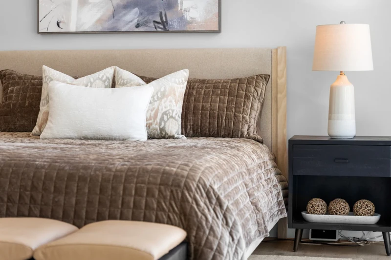 Luxury bedroom staging with neutral palette
