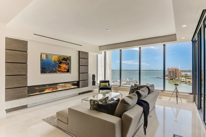Luxury condo staging with Sarasota Bayfront view