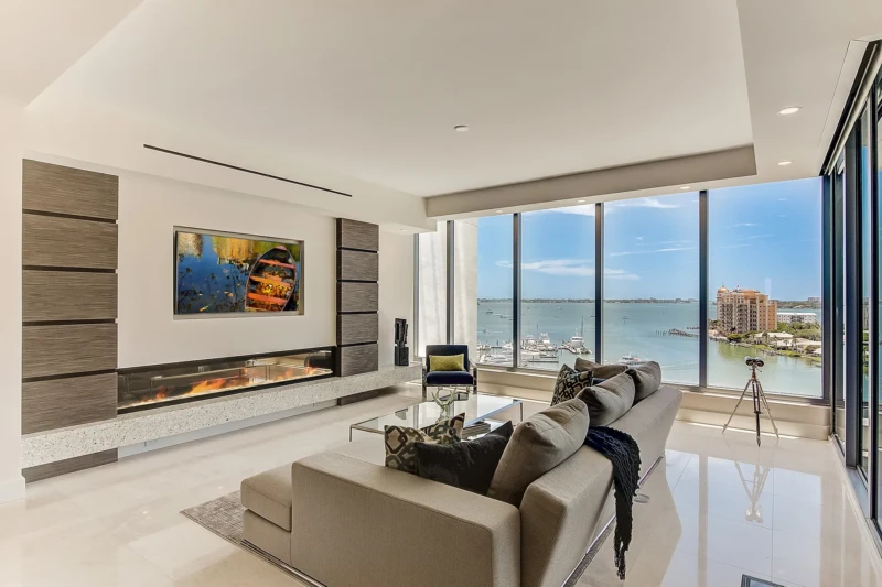 Luxury condo staging with Sarasota Bayfront view