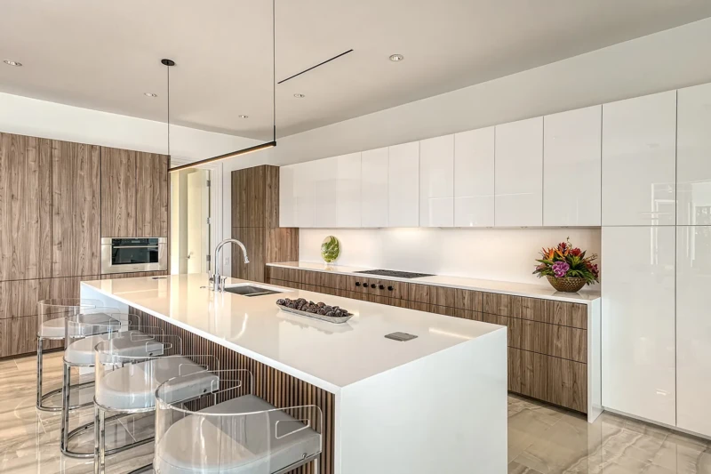 moden kitchen staging with walnut cabinets
