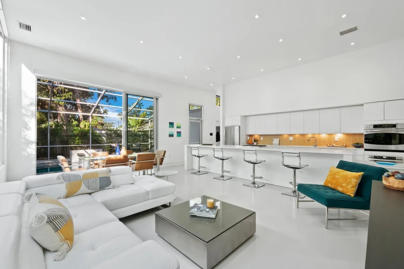Open concept living room in modern white