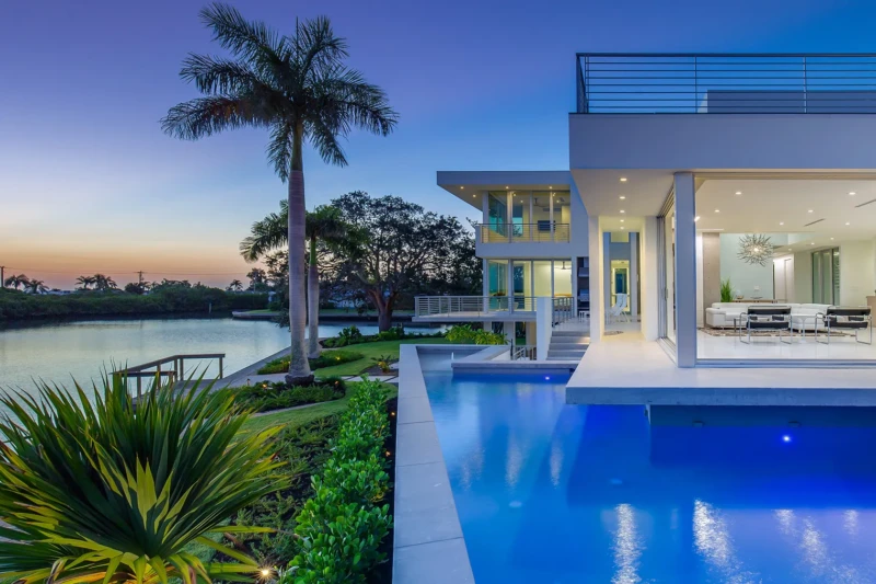 Sarasota waterfront modern home poolside staging