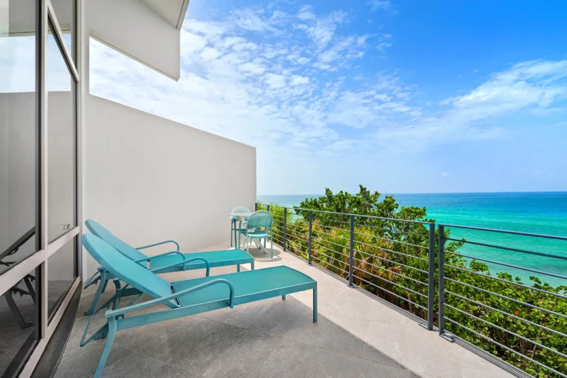 Private Gulf view balcony staging at contemporary Casey Key waterfront home