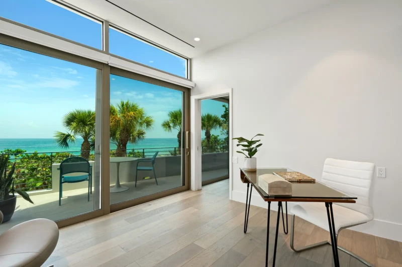 Contemporary home office staging with Gulf views on Casey Key
