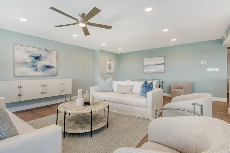 Coastal contemporary condo living room staging on Lido Key