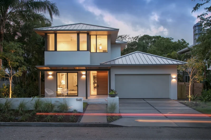 Contemporary home staging in Bungalow Hill Sarasota featuring modern architecture, warm lighting, and coastal contemporary curb appeal