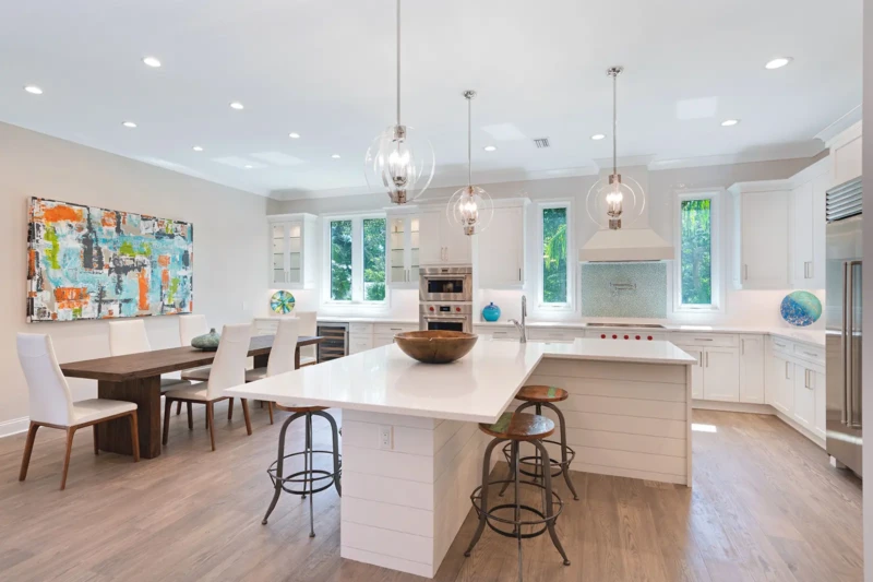 Luxury contemporary kitchen and dining room staging in Paradise Shores West of Trail Sarasota home