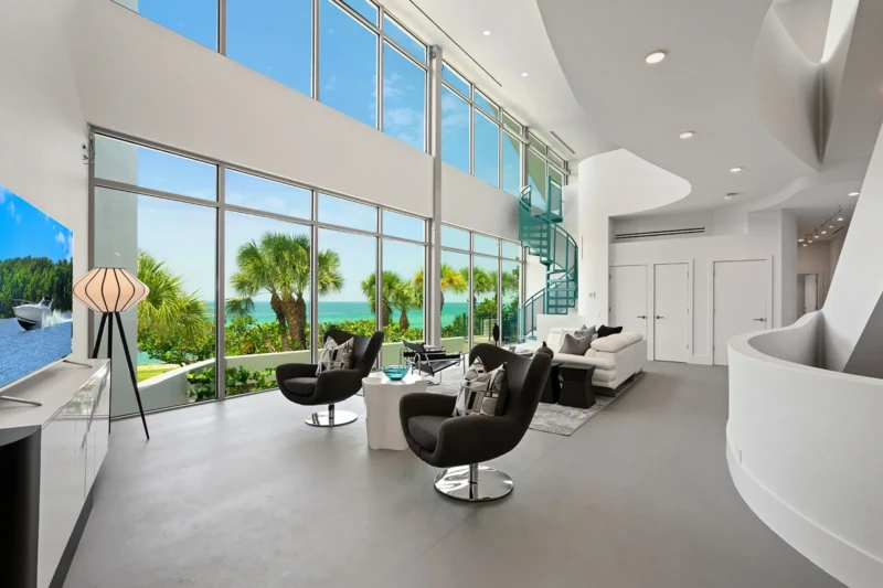 Contemporary waterfront living room staging on Casey Key Sarasota