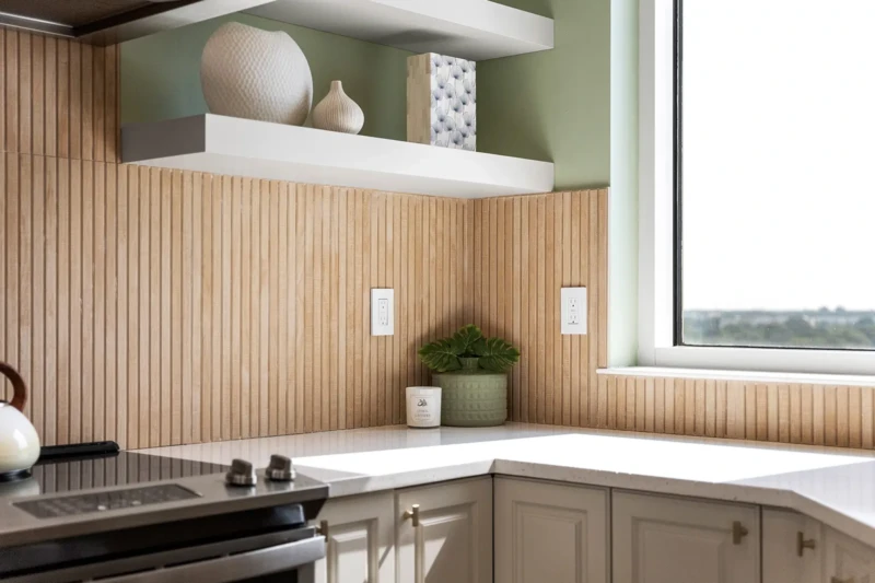 Custom kitchen detail with wood slat backsplash, floating shelves, and soft coastal styling in Sarasota luxury condo staging