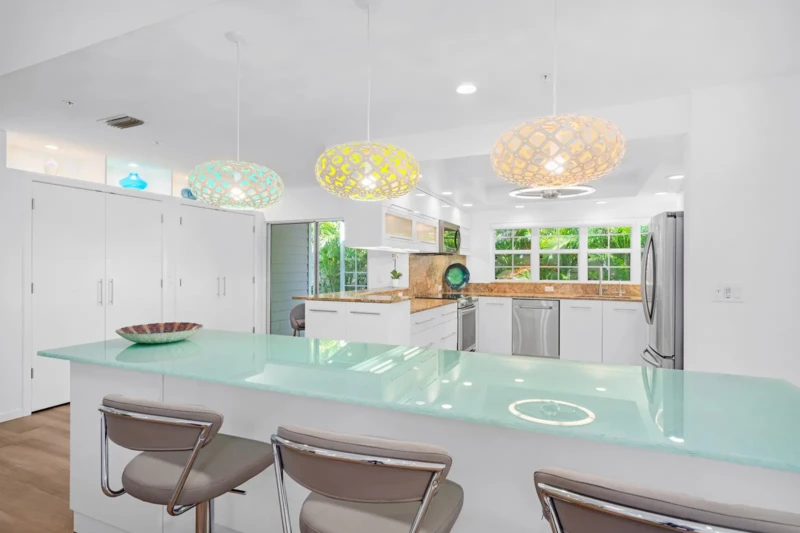 Coastal contemporary kitchen staging in Bay Isles condo on Longboat Key