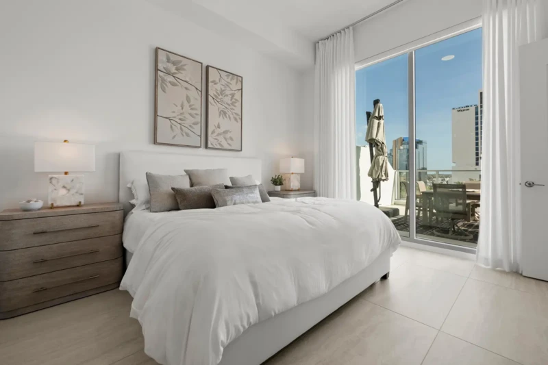 Luxury condo bedroom staging at Bayso Sarasota