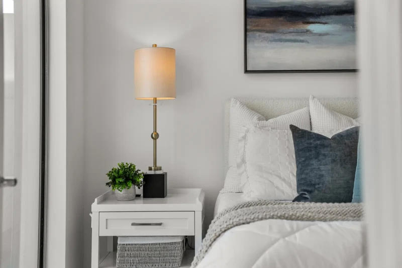 Luxury condo bedroom detail staging at Bayso Sarasota