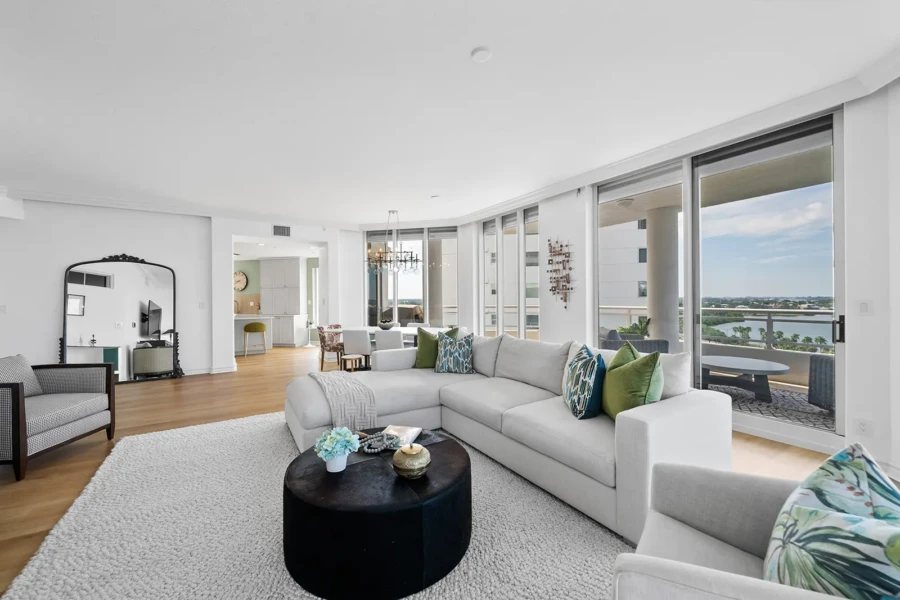 Luxury condo great room staging with contemporary furnishings and waterfront views in Sarasota
