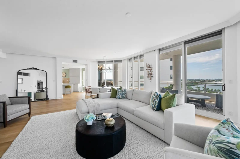 Luxury condo great room staging with contemporary furnishings and waterfront views in Sarasota