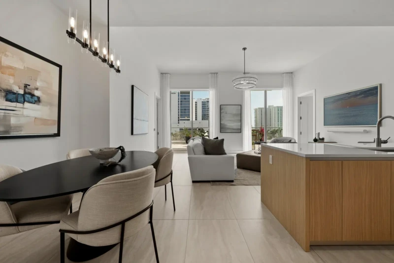 Luxury condo open living and dining space staging