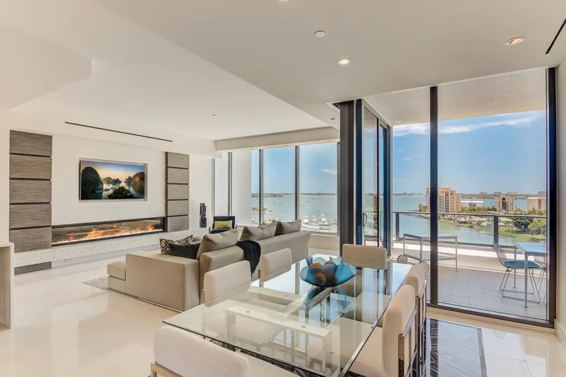 Luxury condo staging at The VUE Sarasota with bayfront views and modern interiors