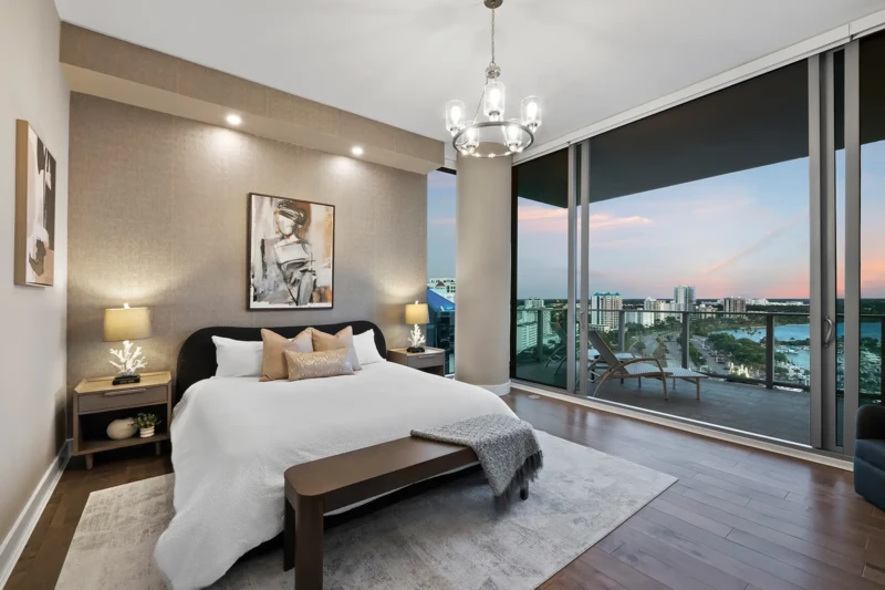Luxury condo bedroom staging at The VUE in downtown Sarasota