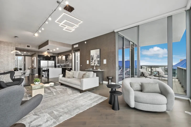 Luxury condo staging living room at The VUE in downtown Sarasota