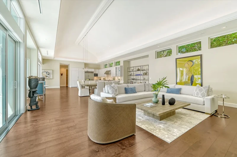 Luxury open-concept home staging with contemporary living room and dining area