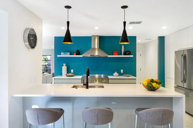 Mid-century inspired kitchen staging in a Siesta Key coastal residence