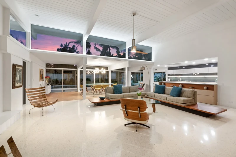 Mid-century modern living room staging in a Lido Shores residence
