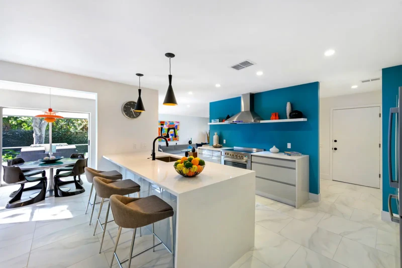 Mid-century modern kitchen staging in a Siesta Key coastal home
