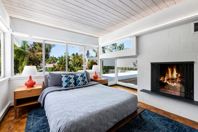 Mid-century modern primary bedroom staging in Lido Shores Sarasota