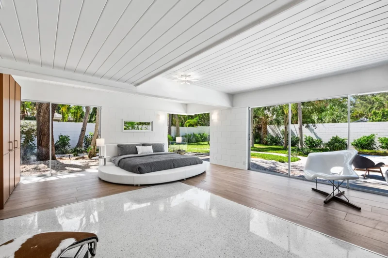 Mid-century modern primary suite staging in Lido Shores Sarasota