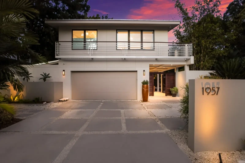 Modern Sarasota home exterior at twilight