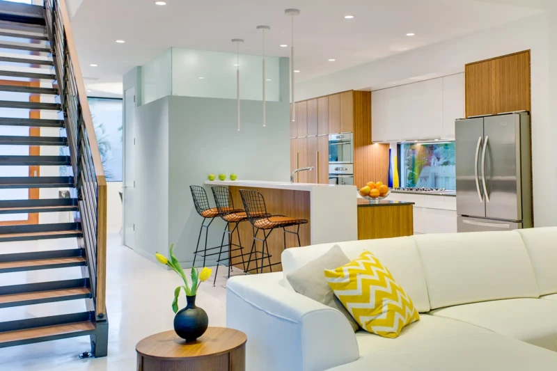 Contemporary kitchen and living space staging in a Sarasota home