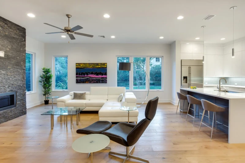 Modern luxury living room and kitchen staging with open-concept contemporary design
