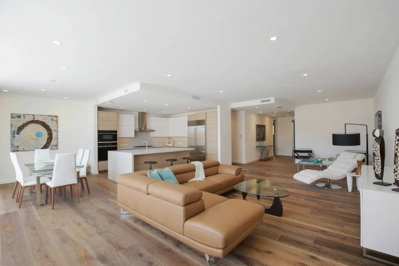 Modern luxury condo staging with open-concept living area at Sansara in Downtown Sarasota