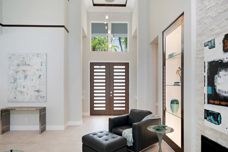 Modern luxury entryway and foyer staging in Sarasota contemporary spec home
