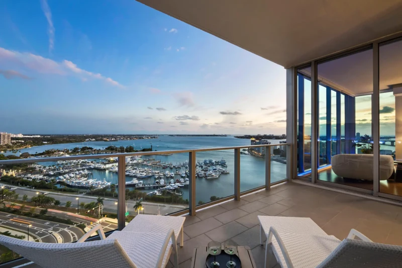 Luxury condo balcony staging with Sarasota Bay views at The VUE