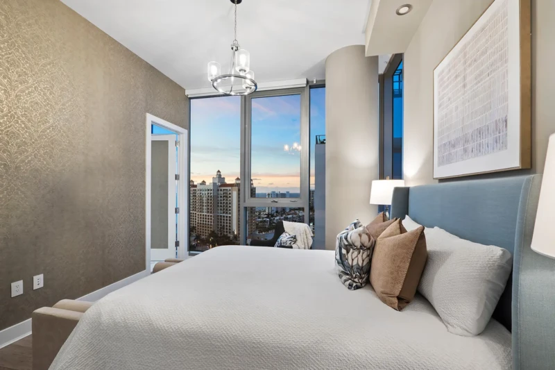 Luxury condo bedroom interior staging at The VUE Sarasota
