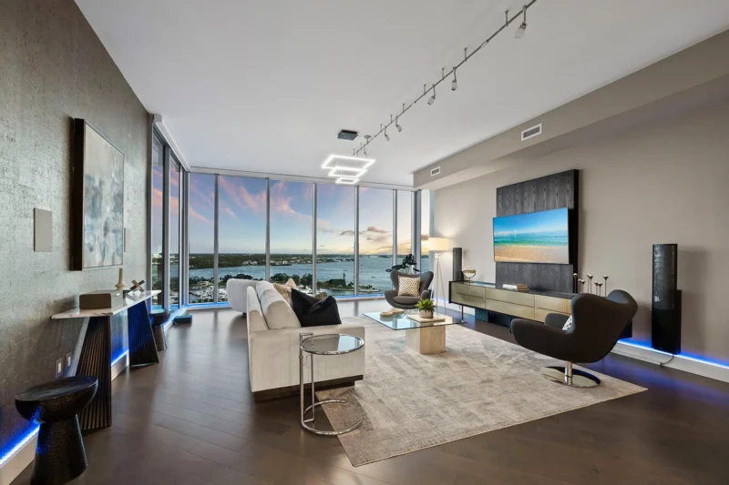 Evening luxury condo staging with panoramic bay views at The VUE Sarasota