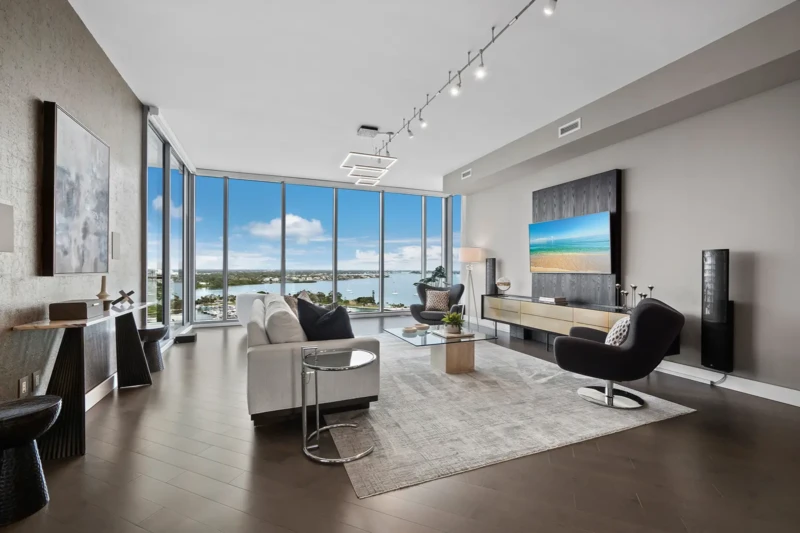 Luxury condo great room staging with Sarasota Bay views at The VUE