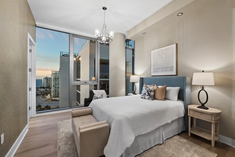 Luxury guest bedroom staging at The VUE in downtown Sarasota