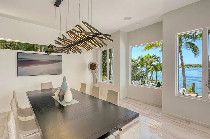 Modern dining room with waterfront views