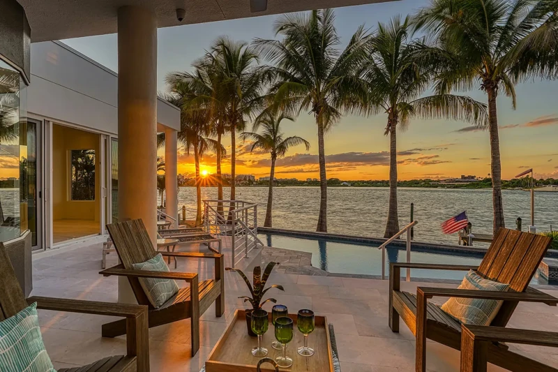 Waterfront patio staging at sunset in Lido Shores